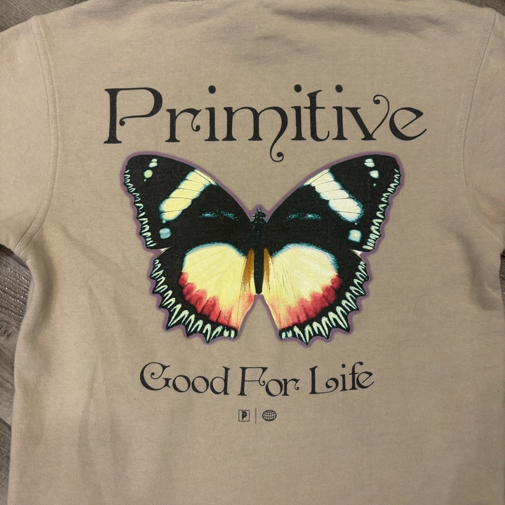 Primitive tan Fleece Hoodie Pullover size small for Men butterfly print - Picture 3 of 8